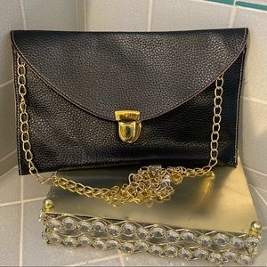 Black Faux Leather Cross Body w/ Gold Chain Strap